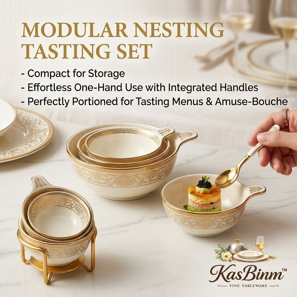 KasBinm™ Modular Nesting Tasting Bowl Set - Luxury Gold-Rimmed Porcelain Serving Bowls with Handles and Metal Stand - Premium Ceramic Dessert, Amuse-Bouche, & Dipping Bowls for Fine Dining