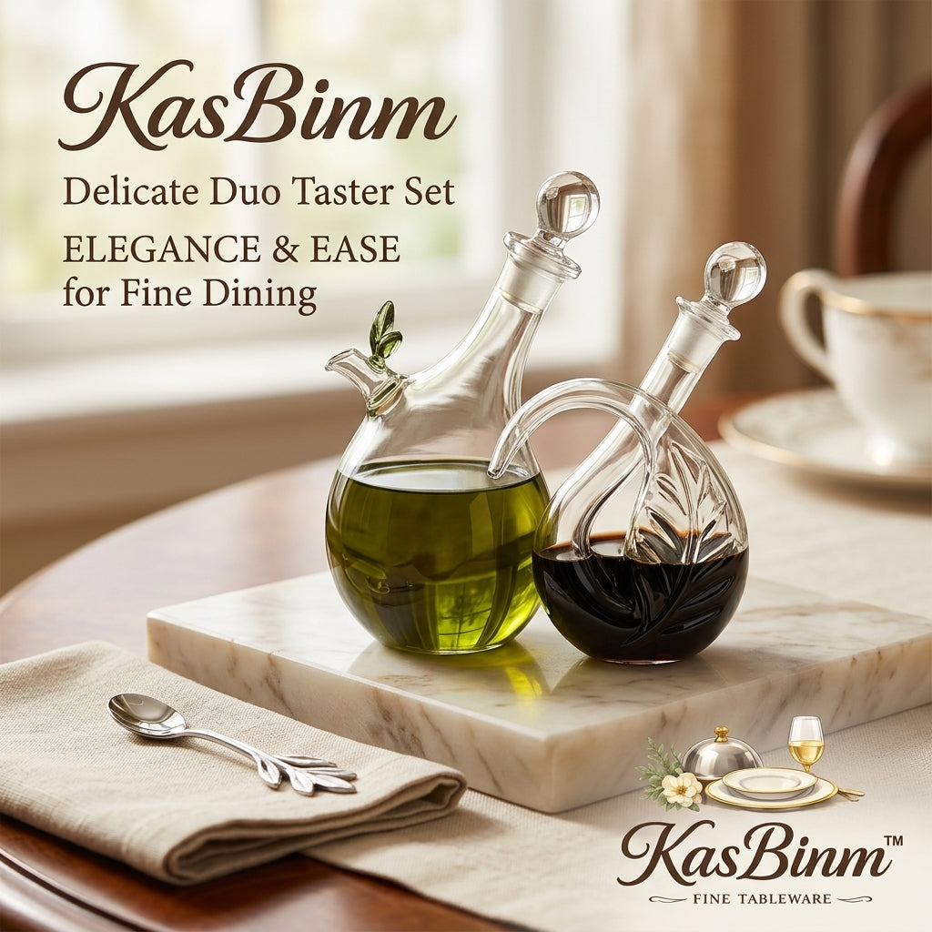 KasBinm™ Elegant Olive Oil and Vinegar Dispenser Set - 2-Piece Handcrafted Glass Cruet Bottles with Artistic Leaf Motifs & Precision Glass Stoppers - Premium Salad Dressing Decanter & Dispenser Set for Kitchen Countertop & Fine Dining
