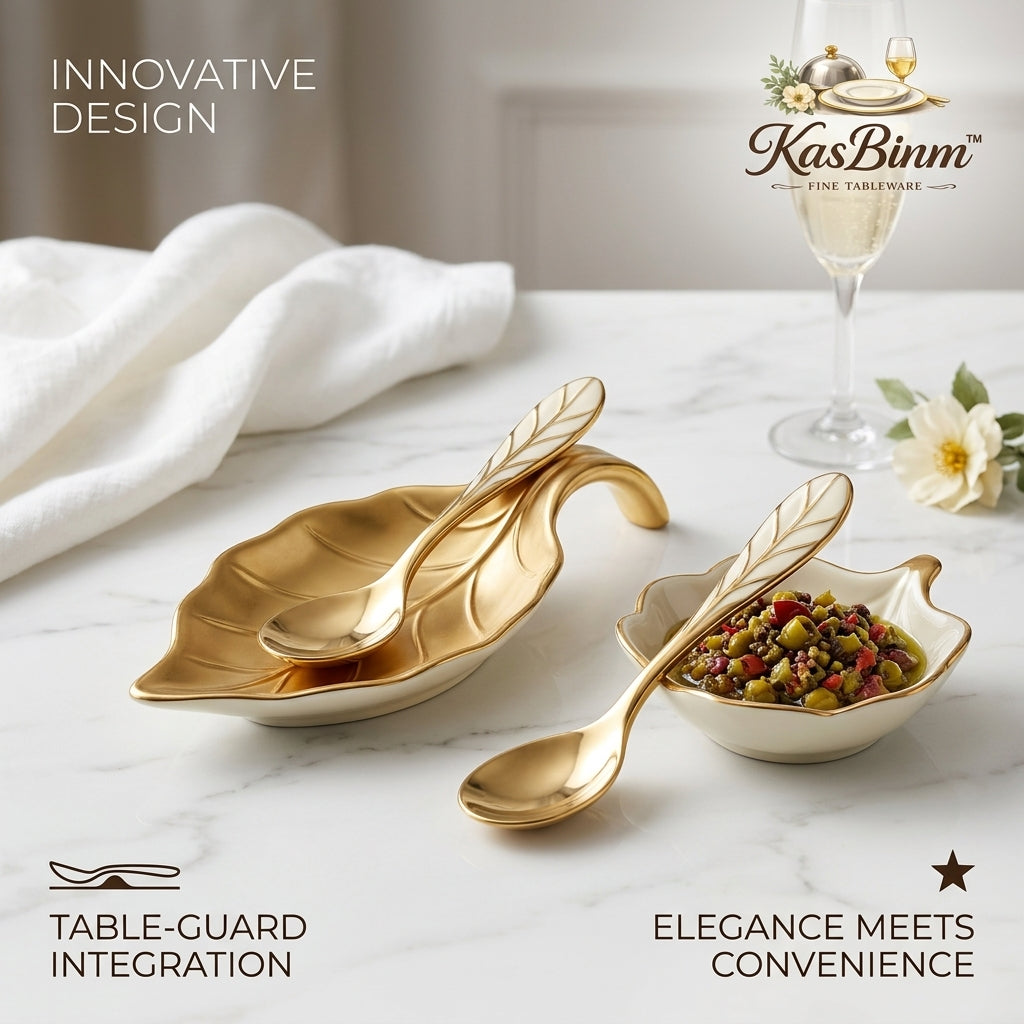 KasBinm™ Luxury Ceramic Leaf Spoon Rest and Condiment Bowl Set with Gold Serving Spoons | Elegant 4-Piece Table-Guard Sauce Dish & Spoon Holder Set for Entertaining, Charcuterie Boards, and Fine Dining