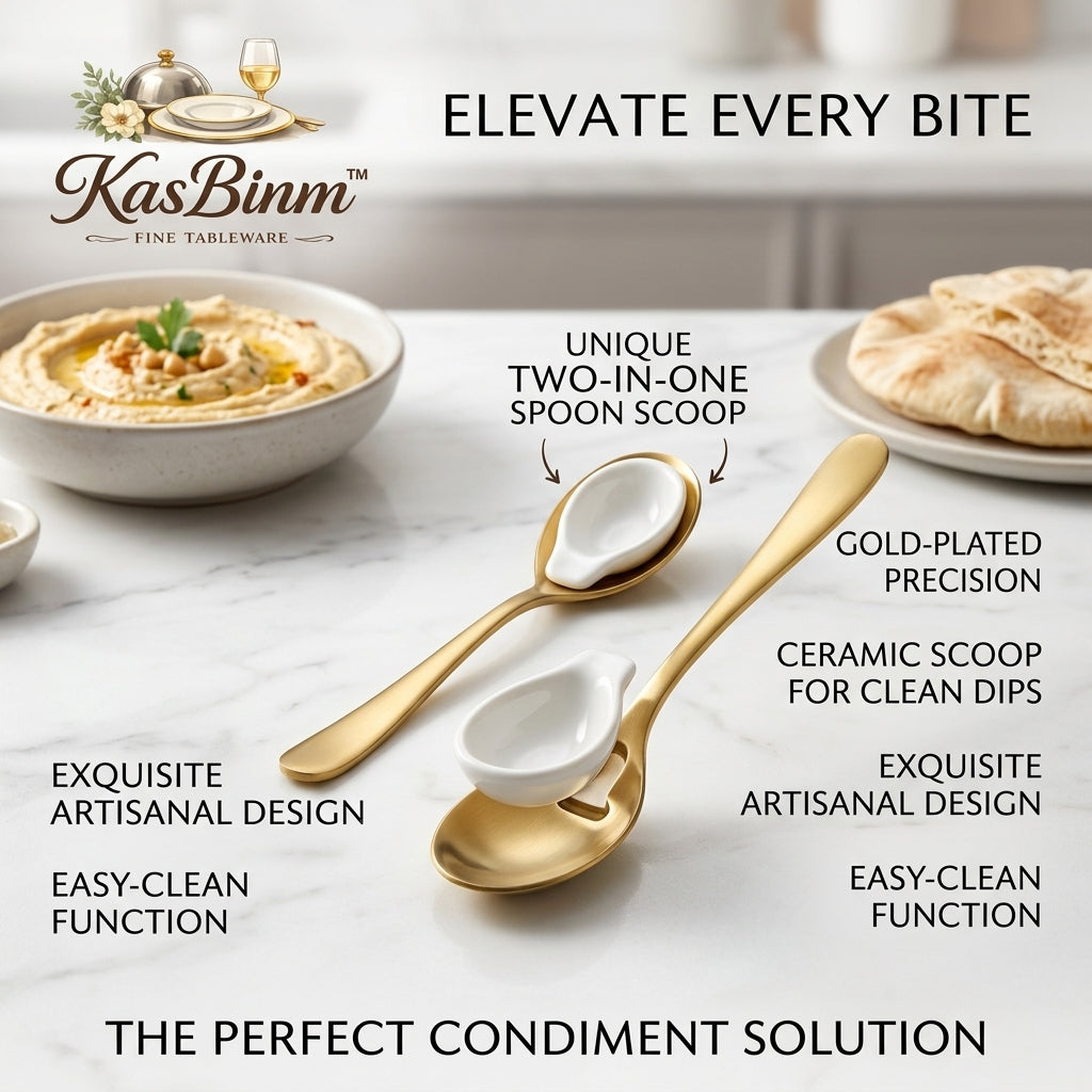 KasBinm™ 2-in-1 Gold-Plated Spoon & Ceramic Scoop Set | Elegant Condiment & Dipping Spoon for Appetizers, Sauces, and Tapas | Exquisite Artisanal Fine Tableware, Easy-Clean Design