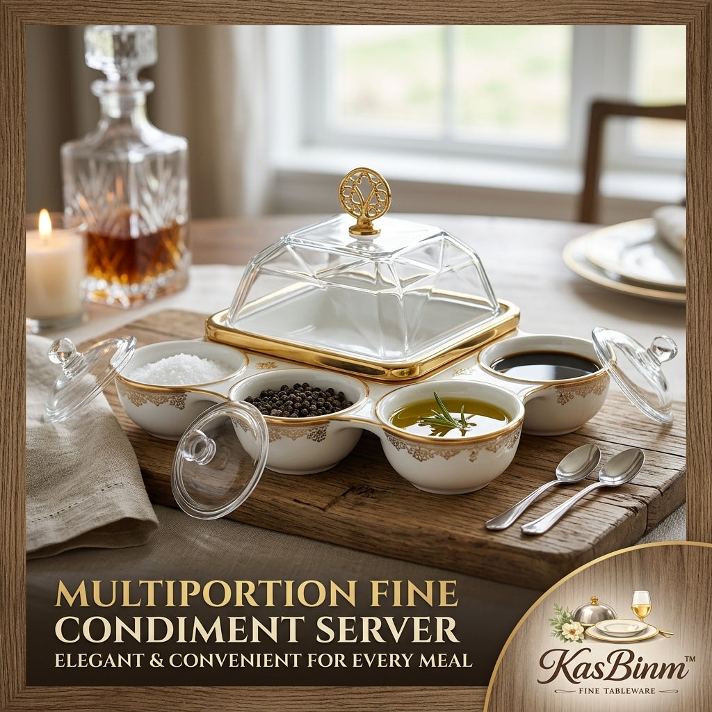 KasBinm™ Multiportion Fine Condiment Server - 5-Compartment Porcelain Appetizer Serving Tray with Glass Lids and Gold Trim - Luxury Relish Dish Set for Sauces, Spices, Dips, and Nuts
