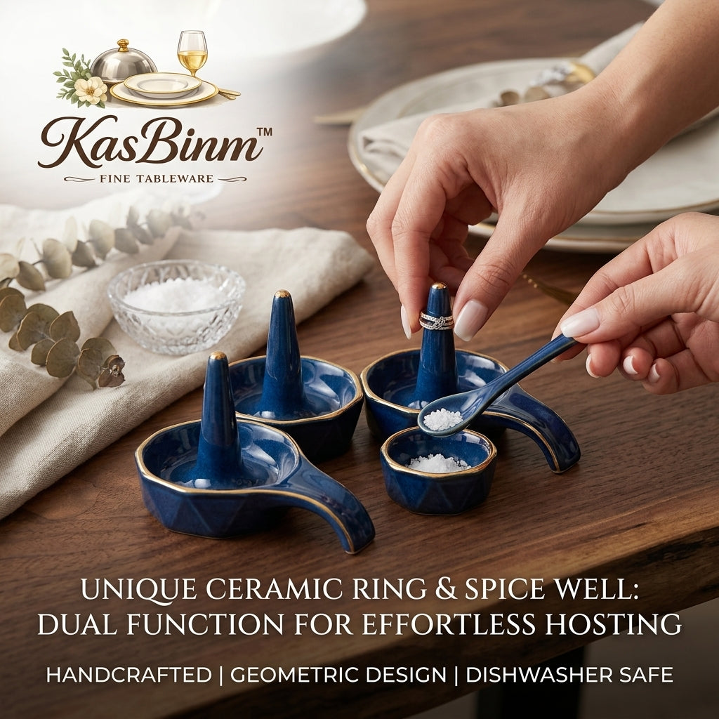 KasBinm™ 2-in-1 Ceramic Ring Holder & Spice Well Set | Handcrafted Geometric Jewelry Dish & Salt Cellar with Spoon | Elegant Gold-Rimmed Condiment Pinch Bowl for Dining & Vanity | Dishwasher Safe