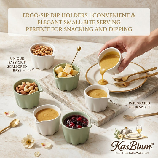 KasBinm™ Ceramic Dipping Bowls with Integrated Pour Spout, Easy-Grip Scalloped Mini Sauce Dishes, Small Ramekins & Pinch Bowls for Soy Sauce, Salad Dressing, Nuts, Snacks, and Charcuterie Board Accessories