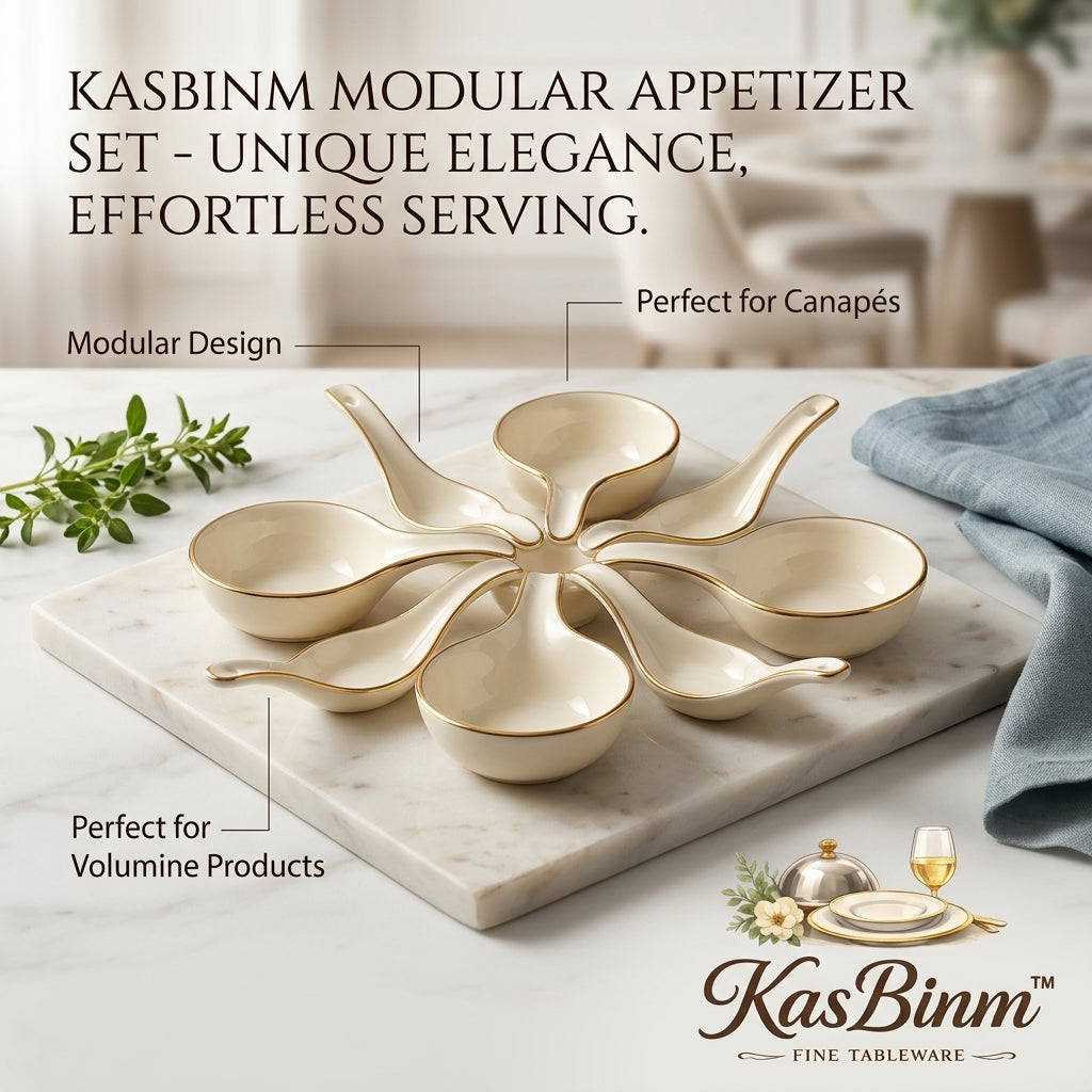 KasBinm™ Modular Ceramic Appetizer Serving Set | 8-Piece Elegant Porcelain Tasting Spoons with Gold Rim | Premium Dipping Bowls & Tapas Dishes for Canapés, Sauces, and Party Platters
