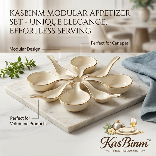 KasBinm™ Modular Ceramic Appetizer Serving Set | 8-Piece Elegant Porcelain Tasting Spoons with Gold Rim | Premium Dipping Bowls & Tapas Dishes for Canapés, Sauces, and Party Platters