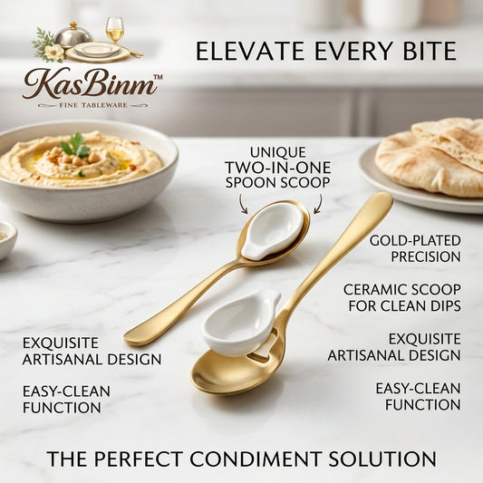 KasBinm™ 2-in-1 Gold-Plated Spoon & Ceramic Scoop Set | Elegant Condiment & Dipping Spoon for Appetizers, Sauces, and Tapas | Exquisite Artisanal Fine Tableware, Easy-Clean Design