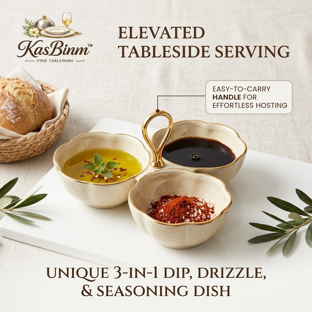 KasBinm™ 3-in-1 Ceramic Dip Bowl Set with Gold Handle | Scalloped Triple Condiment Serving Dish for Olive Oil, Vinegar, Spices & Sauces | Elegant Tableside Appetizer Platter for Parties, Hosting & Fine Dining